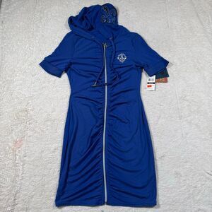 NWT Y2K Dereon Blue Ruched Zip Hoodie Dress McBling Rhinestone Logo Bodycon